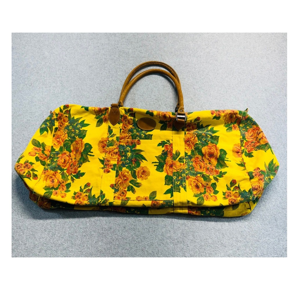 Vintage Gap Duffle Bag Large Yellow Floral Canvas Leather Trim Weekend Travel